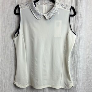 Lady Hagen White Sleeveless Polo with Eyelet Collar